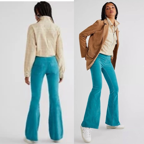 Free People Pull On Corduroy Flare Leg Pants Women’s 28 Turquoise Blue Boho - Picture 1 of 14
